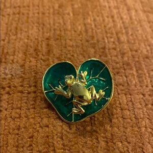 Gold Frog Heart Enamel Pin - Teal Lily Pad Accent